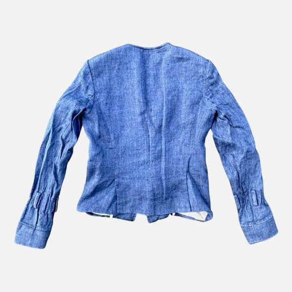 Veronica Beard Sienna Collarless Denim Moto Jacket 0 Linen Blend Jean Zip Up USA - Picture 7 of 15